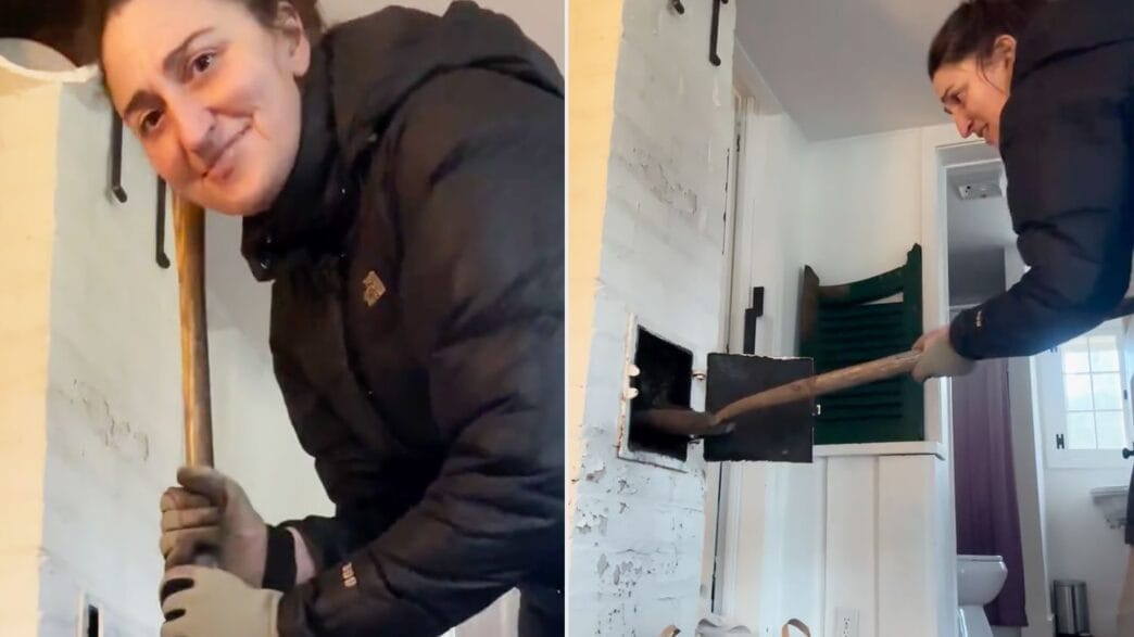 Sara Bareilles reacting after opening an old door in her home and discovering critter bones inside.