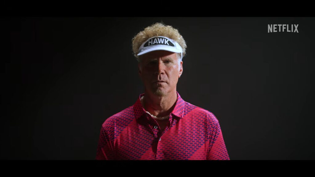 Will Ferrell as golfer Lonnie Hawkins wearing a HAWK visor in the Netflix comedy The Hawk.