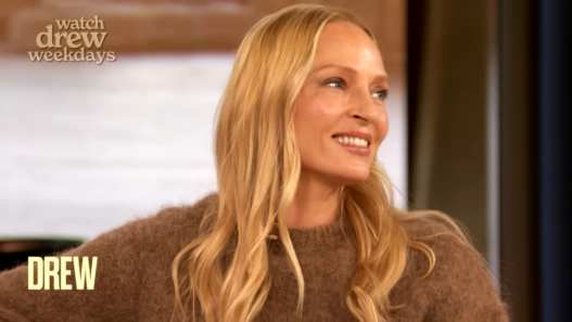 Close‑up of Uma Thurman during her interview on The Drew Barrymore Show