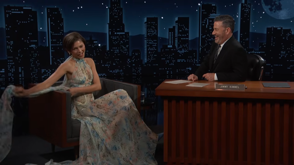 Zendaya chatting with Jimmy Kimmel during a post‑Oscars interview.
