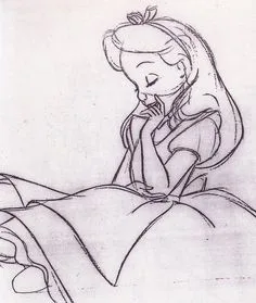 Alice shrinking pencil test from the 1951 Disney animated film Alice in Wonderland.