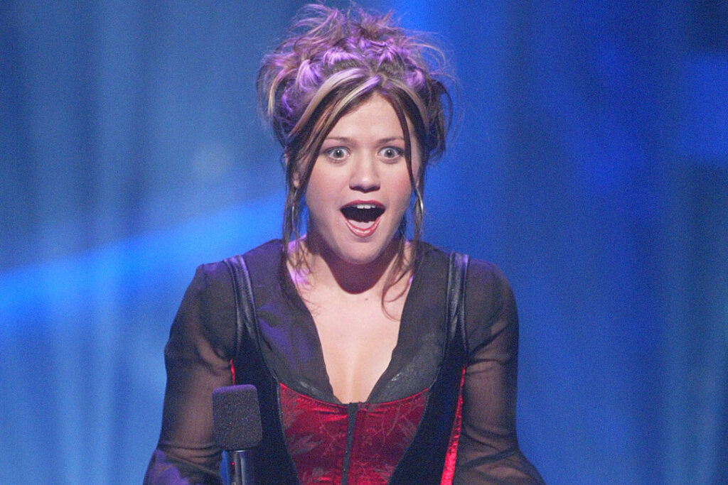 A surprised Kelly Clarkson during the original season of American Idol in 2002.