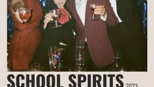 “School Spirits cast promotional artwork for the Paramount+ supernatural teen series.”