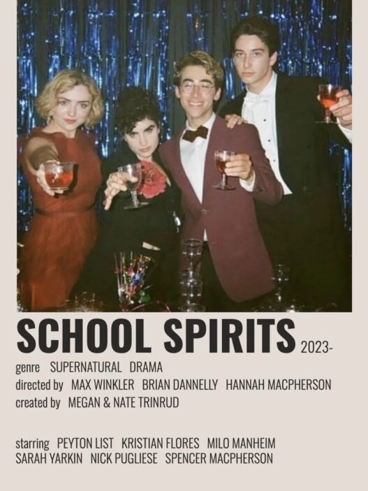 “School Spirits cast promotional artwork for the Paramount+ supernatural teen series.”