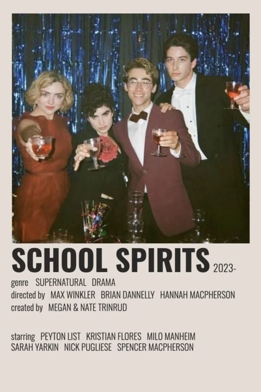 “School Spirits cast promotional artwork for the Paramount+ supernatural teen series.”