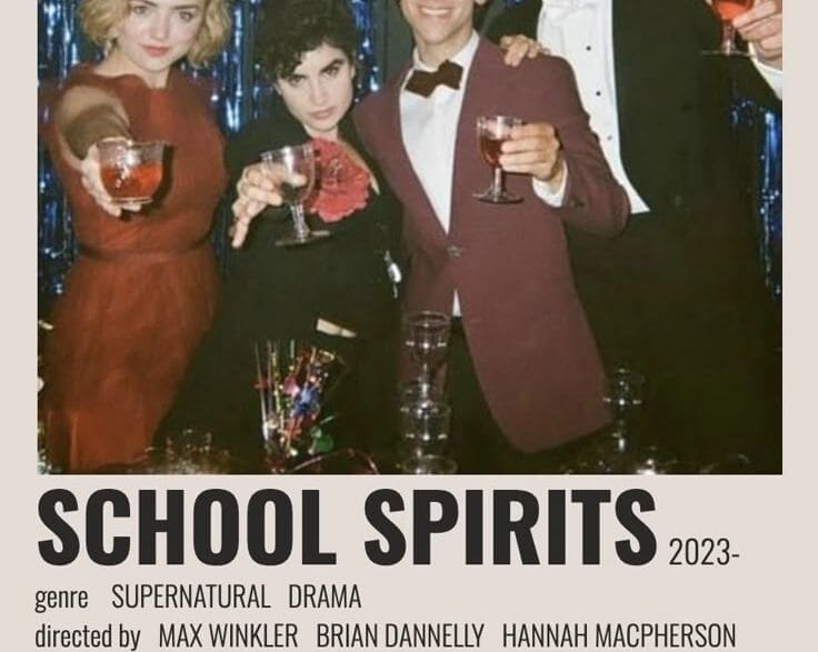 “School Spirits cast promotional artwork for the Paramount+ supernatural teen series.”