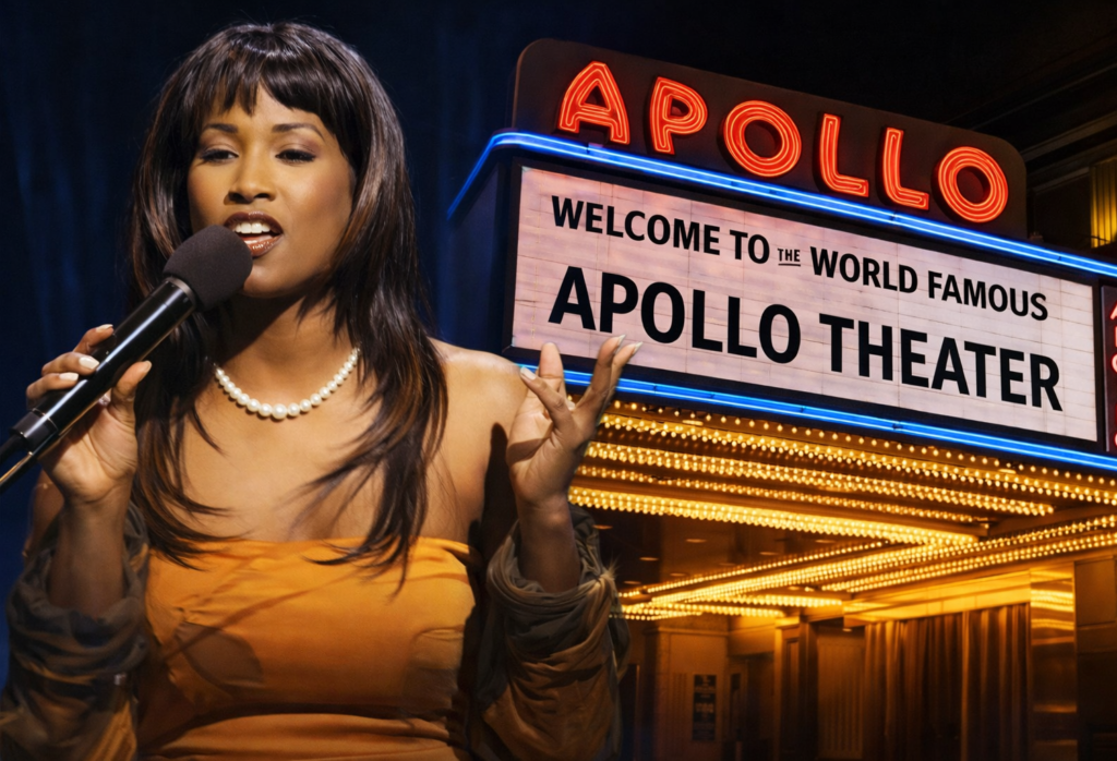 Kiki Shepard hosting at the Apollo Theater in Harlem under the iconic marquee