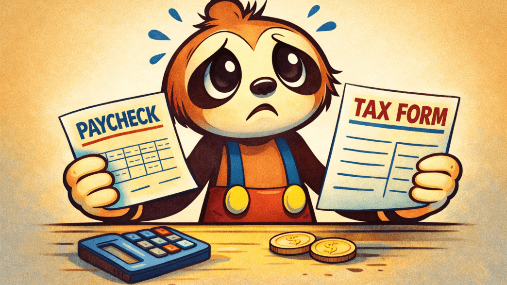 Willy the Wilshire Boulevard sloth holding a paycheck and tax forms looking confused about tax refunds