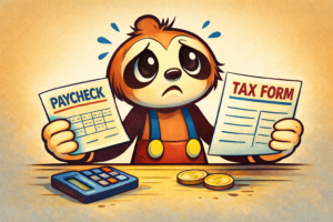 Willy the Wilshire Boulevard sloth holding a paycheck and tax forms looking confused about tax refunds