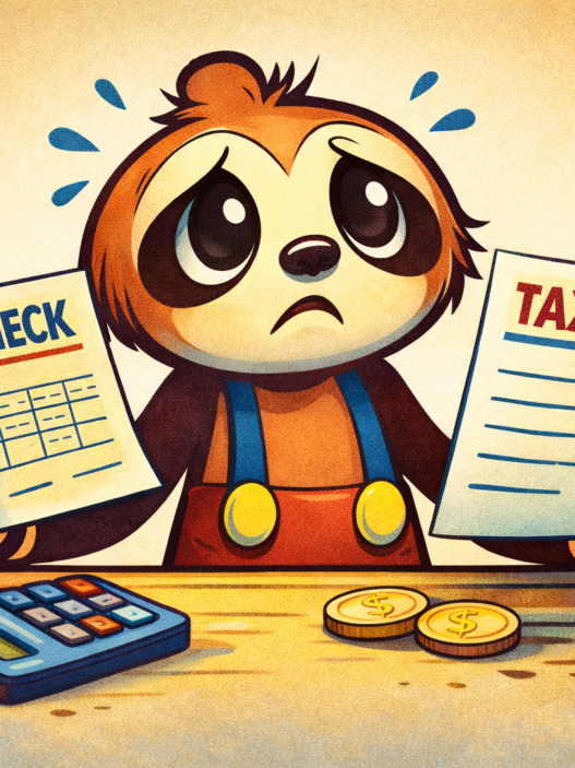 Willy the Wilshire Boulevard sloth holding a paycheck and tax forms looking confused about tax refunds