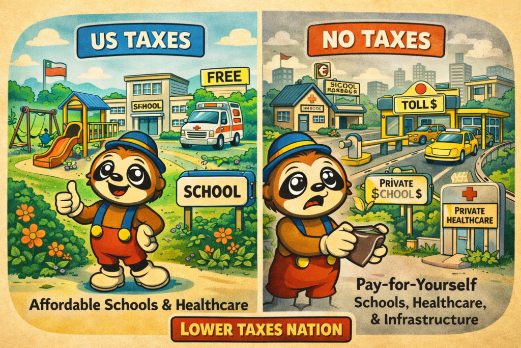 Split scene with Willy the Wilshire Boulevard sloth comparing life with taxes and public services versus without taxes and poor infrastructure