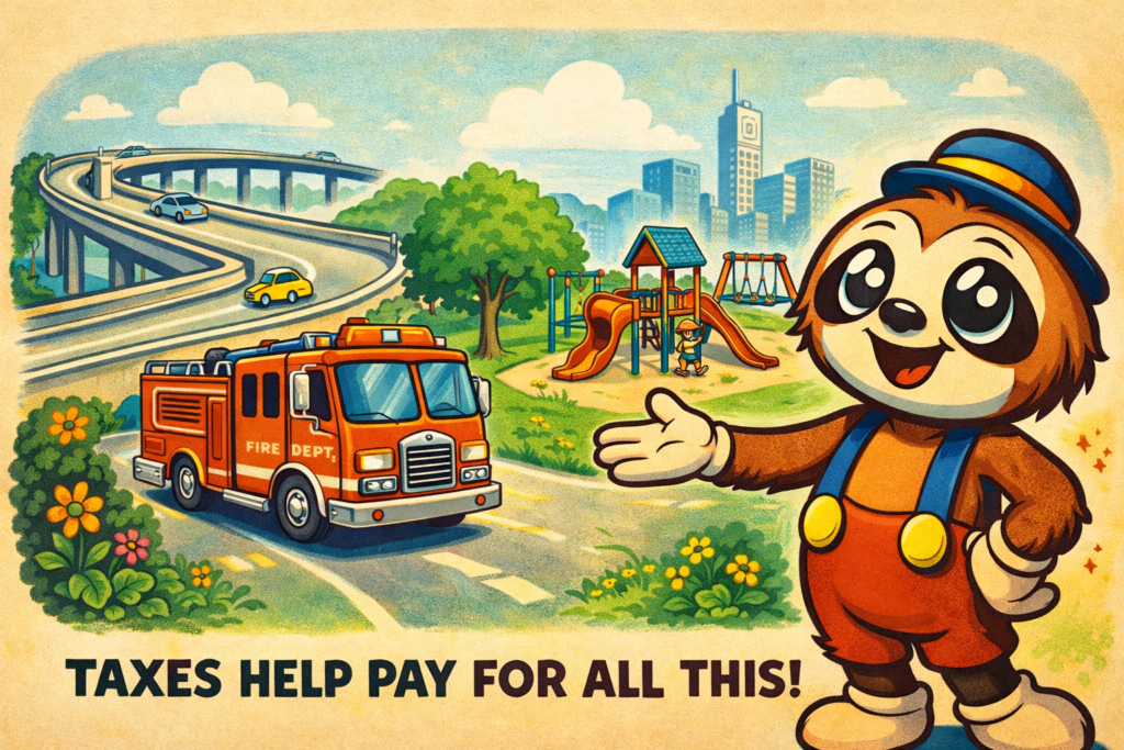 Willy the Wilshire Boulevard sloth pointing to roads fire trucks parks and public services funded by taxes