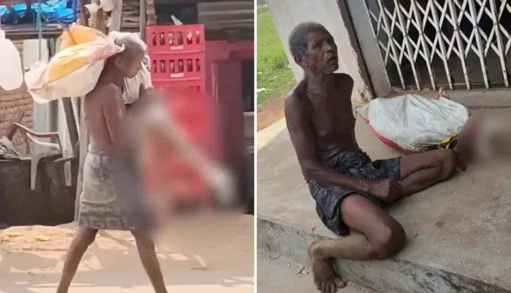 Left: an elderly person carrying a large bag on their back while walking through a street market; Right: a frail man with gray hair sitting barefoot on a concrete step with a bag nearby.