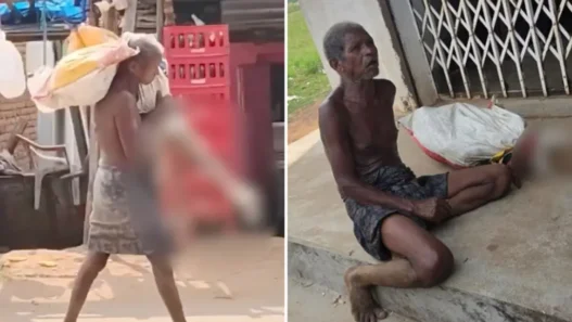 Left: an elderly person carrying a large bag on their back while walking through a street market; Right: a frail man with gray hair sitting barefoot on a concrete step with a bag nearby.
