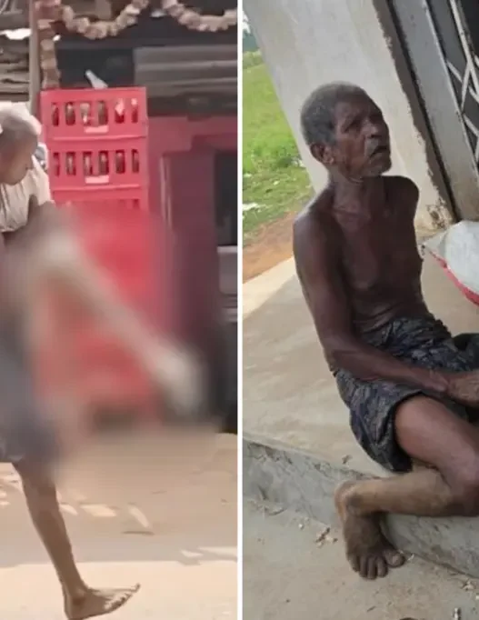Left: an elderly person carrying a large bag on their back while walking through a street market; Right: a frail man with gray hair sitting barefoot on a concrete step with a bag nearby.