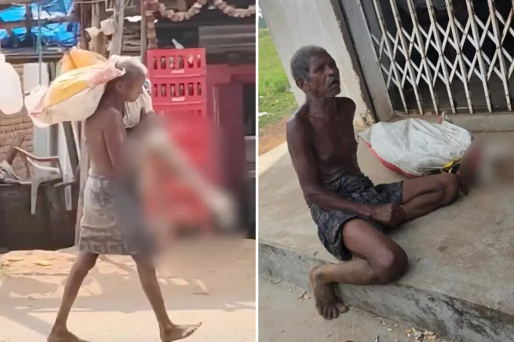 Left: an elderly person carrying a large bag on their back while walking through a street market; Right: a frail man with gray hair sitting barefoot on a concrete step with a bag nearby.