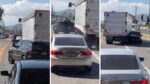 Three-image collage showing a silver sedan in heavy traffic behind a large white box truck on a city street, seen from the rear.