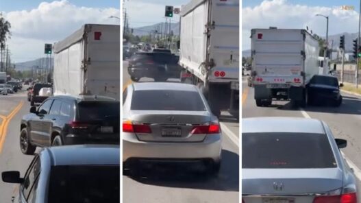 Three-image collage showing a silver sedan in heavy traffic behind a large white box truck on a city street, seen from the rear. Road‑rage collision between a black SUV and a semi‑truck in Pacoima captured on video.