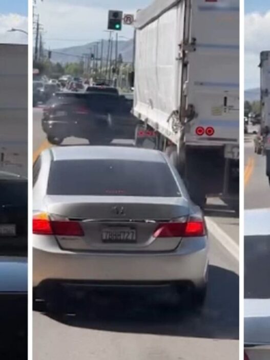 Three-image collage showing a silver sedan in heavy traffic behind a large white box truck on a city street, seen from the rear.