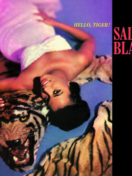 Poster for Salle Blair: a smiling woman in white atop a tiger rug with a tiger beside her, bold pink title on a black panel