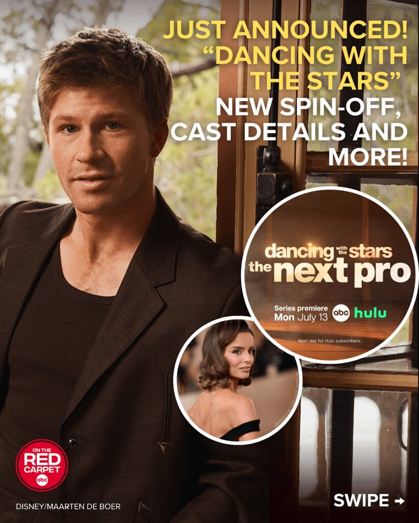 Male celebrity in a brown blazer posed left, with large promotional text about Dancing with the Stars on the right and circular show promos overlapped on a window background.