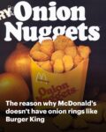 Box of McDonald's Onion Nuggets overflowing with nuggets, with a bold article headline about why McDonald's doesn’t have onion rings like Burger King in the foreground.