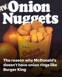 Box of McDonald's Onion Nuggets overflowing with nuggets, with a bold article headline about why McDonald's doesn’t have onion rings like Burger King in the foreground.