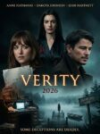 Movie poster for Verity 2026 featuring three lead characters with a foggy lakeside dock scene and the film title