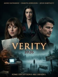 Movie poster for Verity 2026 featuring three lead characters with a foggy lakeside dock scene and the film title