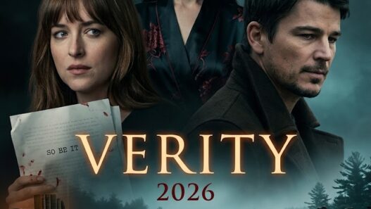 Movie poster for Verity 2026 featuring three lead characters with a foggy lakeside dock scene and the film title