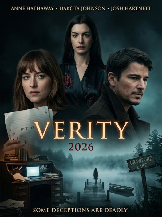 Movie poster for Verity 2026 featuring three lead characters with a foggy lakeside dock scene and the film title