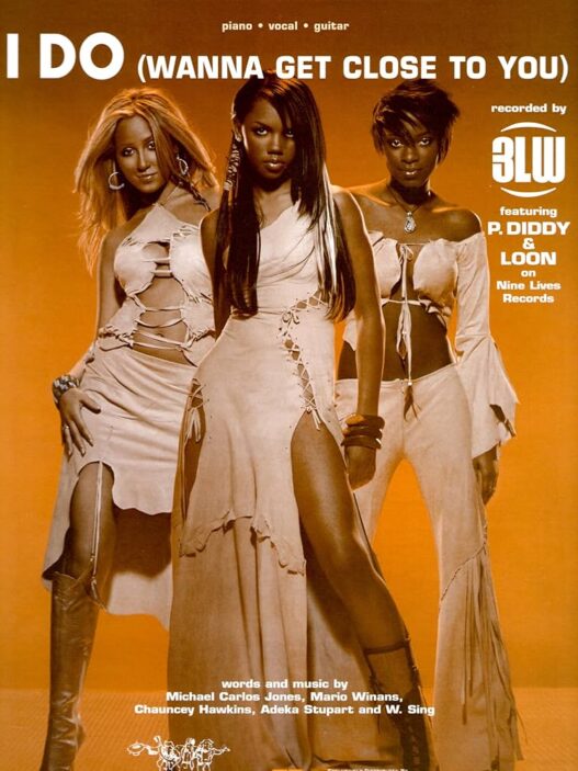 Album cover featuring three women in beige outfits posing against an orange background; title 'I DO (Wanna Get Close to You)' at top.