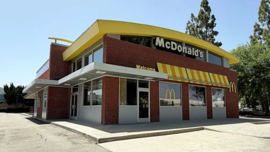 Exterior view of a McDonald's restaurant with a yellow roof, red brick walls, and striped awning on a sunny day.