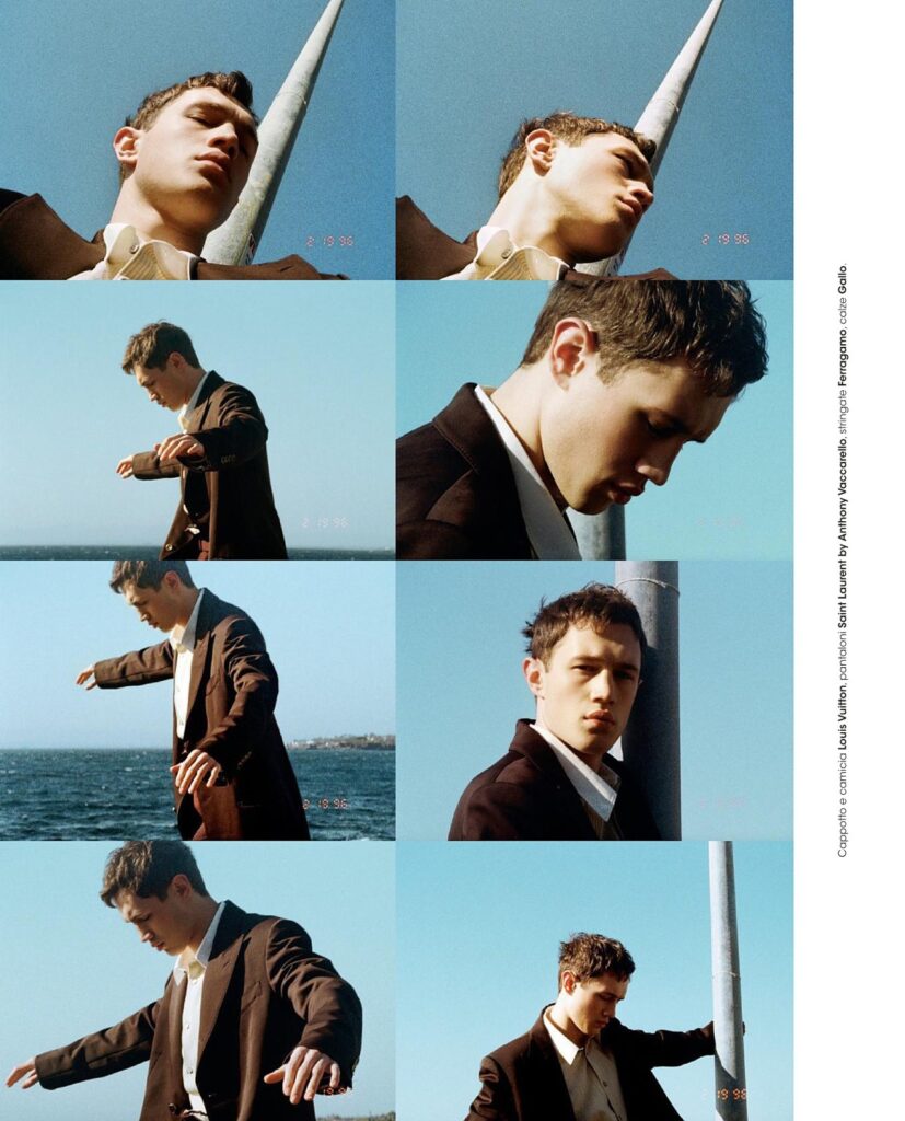 Collage of a man in a brown suit posing against a blue sky and sea, in a fashion editorial grid.