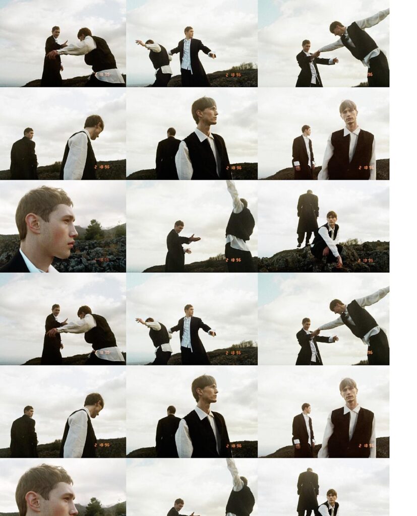 Collage of two young men in black vests and white shirts posing on a rocky coast under a cloudy sky.