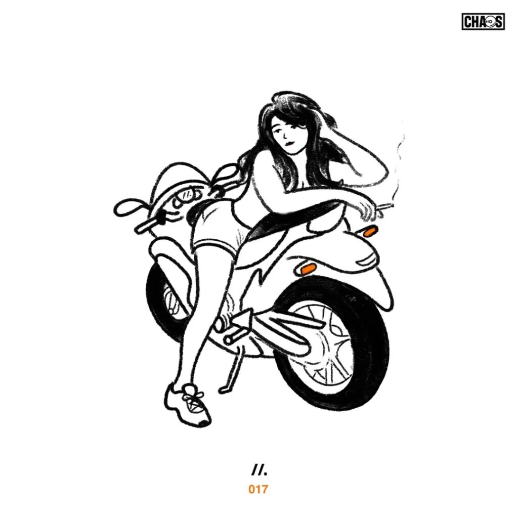 Minimalist black-and-white line drawing of a woman seated on a motorcycle, smoking a cigarette.