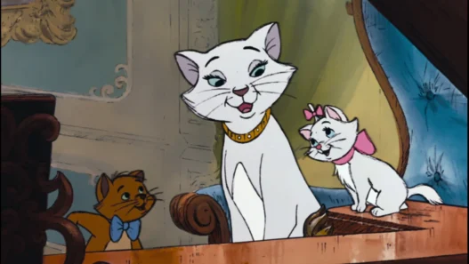 Three playful cartoon cats on a wooden windowsill: a white cat with a gold collar, a white kitten with a pink bow, and an orange cat.