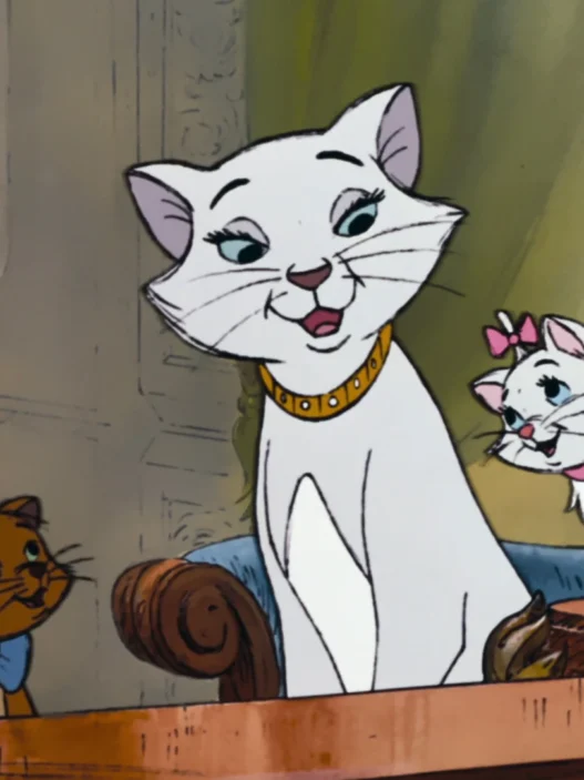 Three playful cartoon cats on a wooden windowsill: a white cat with a gold collar, a white kitten with a pink bow, and an orange cat.