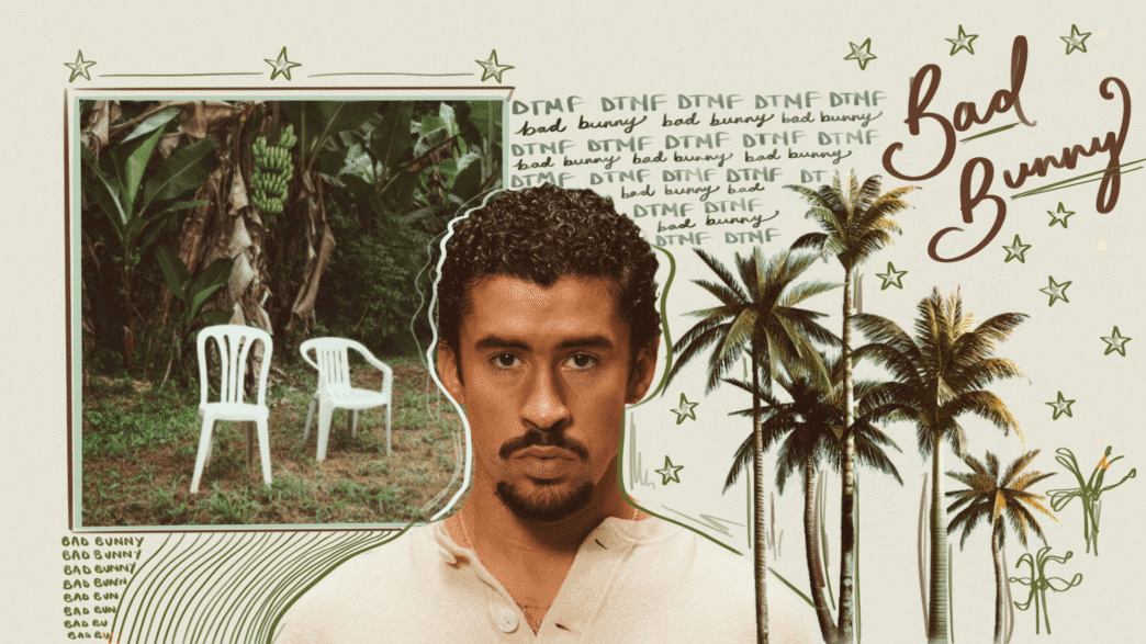 Collage-style banner with a man’s portrait, palm trees, a framed garden scene on the left, and decorative 'bad bunny' text and stars.