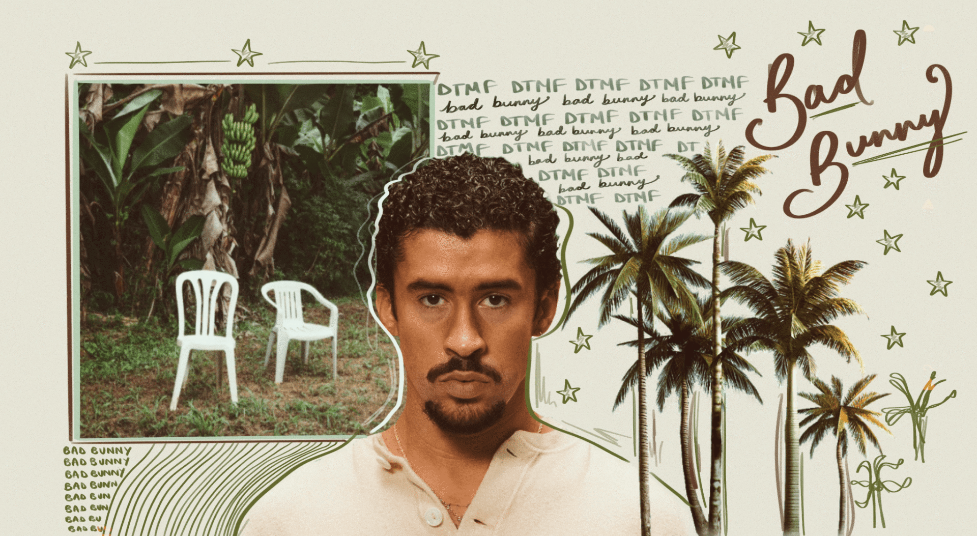 Collage-style banner with a man’s portrait, palm trees, a framed garden scene on the left, and decorative 'bad bunny' text and stars.