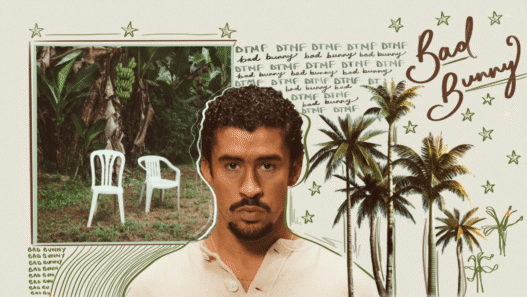 Collage-style banner with a man’s portrait, palm trees, a framed garden scene on the left, and decorative 'bad bunny' text and stars.