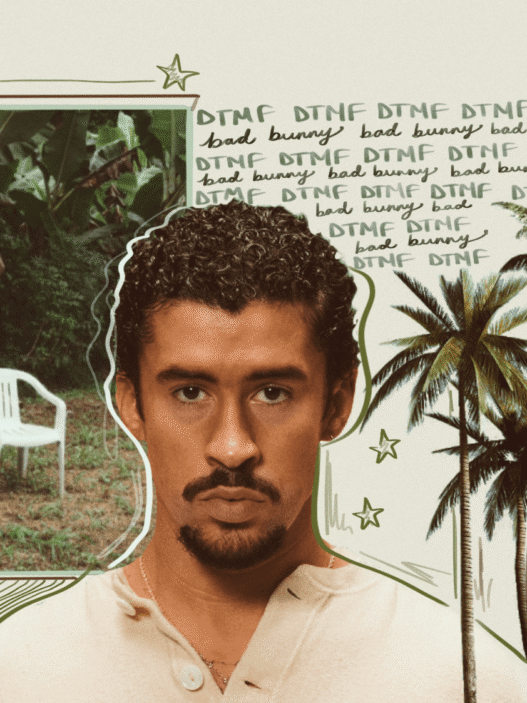 Collage-style banner with a man’s portrait, palm trees, a framed garden scene on the left, and decorative 'bad bunny' text and stars.
