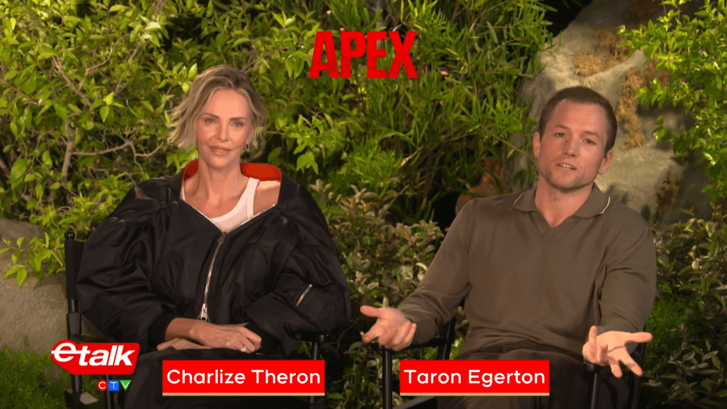 Charlize Theron and Taron Egerton during their Etalk interview discussing the physical training behind their new film Apex