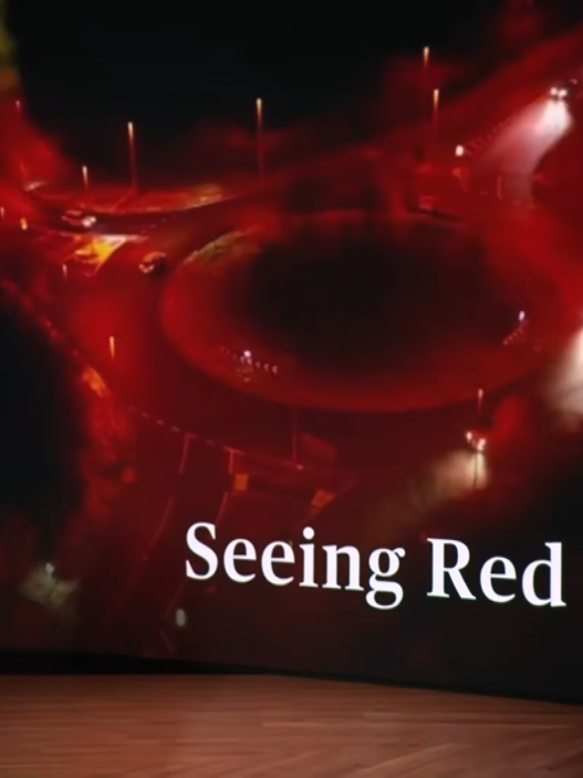 PBS NewsHour anchor in a green suit stands at the desk while a large screen behind shows red-toned graphics and the caption 'Seeing Red'.