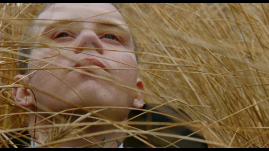 Close-up of a young child lying among tall dried grass, looking upward with blue eyes showing through the straw.”,