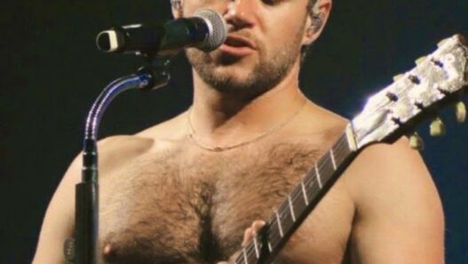 Niall Horan shirtless on stage with guitar