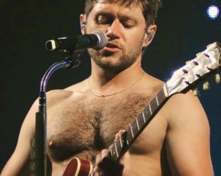 Niall Horan shirtless on stage with guitar