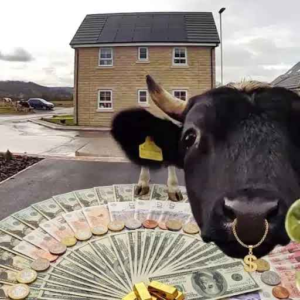 Cow close-up in foreground with a circular display of bundled cash and gold bars on the ground outside a house.