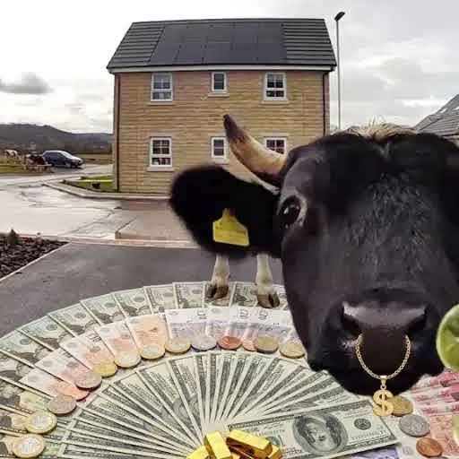 Cow close-up in foreground with a circular display of bundled cash and gold bars on the ground outside a house.