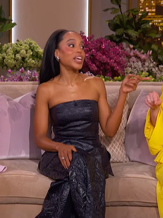Three women sit on a beige couch on a talk-show set with bright floral arrangements in the background, part of The Jennifer Hudson Show logo visible in the corner.